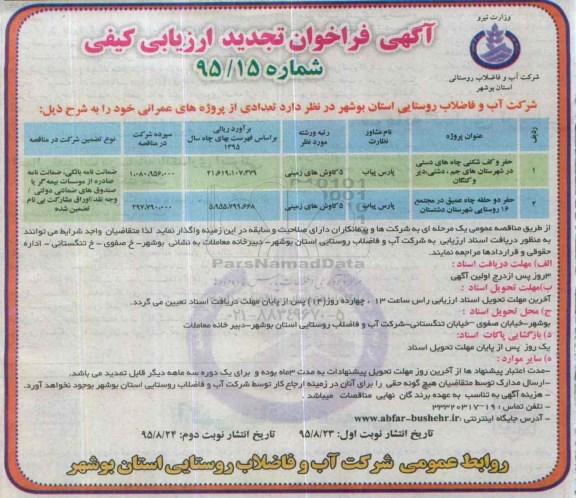 آگهی فراخوان ارزیابی کیفی , فراخوان ارزیابی کیفی حفر و کف شکنی چاههای دستی و ... تجدید نوبت دوم