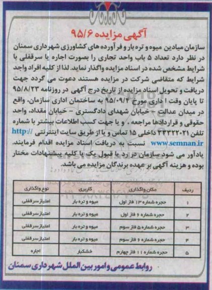 آگهی مزایده , مزایده تعداد 5 باب واحد تجاری