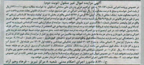 مزایده,مزایده ملک با اعیان 130.59متر نوبت دوم