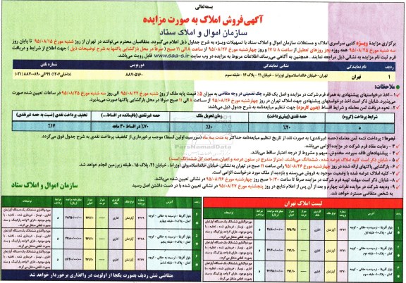 مزایده,مزایده ویژه کتبی سراسری املاک و مستغلات 95.8.24