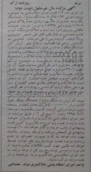 مزایده,مزایده سه دانگ مشاع از ششدانگ یک واحد تجاری نوبت دوم