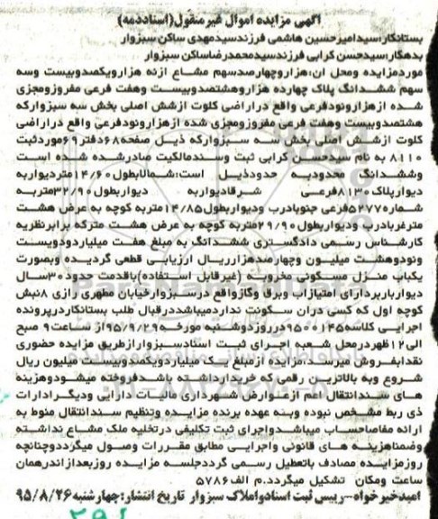 مزایده,مزایده هزار و چهارصد سهم مشاع از نه هزار و یکصد و بیست و سه سهم ششدانگ پلاک