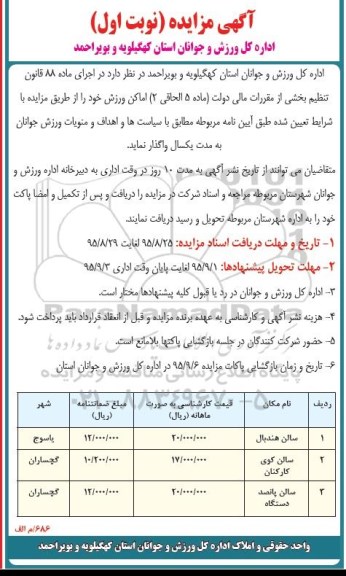 آگهی مزایده , مزایده واگذاری اماکن ورزش