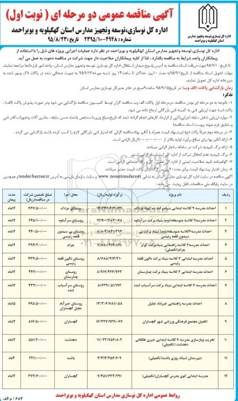آگهی مناقصه عمومی دو مرحله ای, مناقصه تکمیل مدرسه 3 کلاسه و ...
