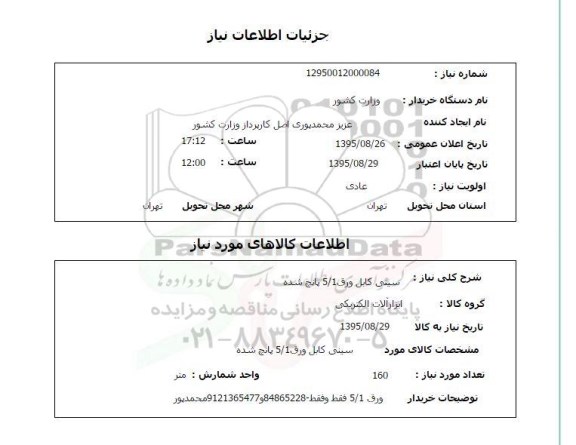 استعلام , استعلام سینی کابل ورق 5.1 پانچ شده 