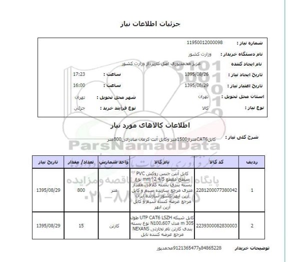 استعلام , استعلام کابل CAT6 متراژ 1500 متر و کابل آنت کرمان صادراتی 800 متر