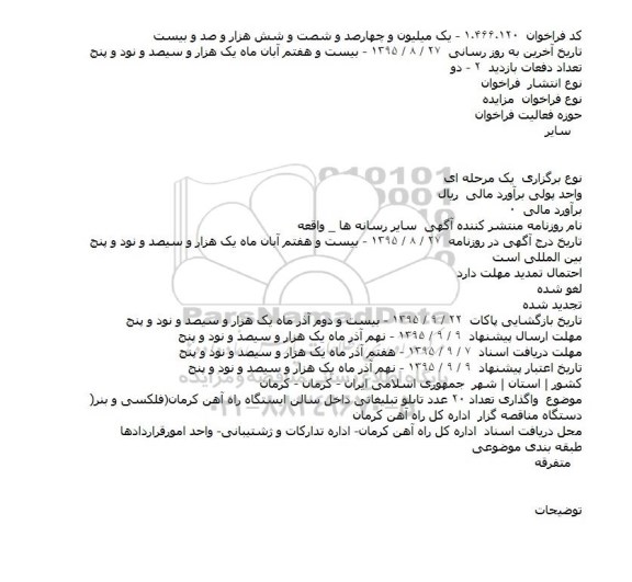 مزایده واگذاری تعداد ۲۰ عدد تابلو تبلیغاتی داخل سالن ایستگاه راه آهن کرمان(فلکسی و بنر)