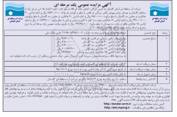 آگهی مزایده عمومی یک مرحله ای ,مزایده اجاره 4 واحد 15 تنی در هر یک از سدها 95.8.27