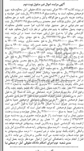 مزایده,مزایده ششدانگ پلاک ثبتی بخش نه ثبت امل نوبت دوم