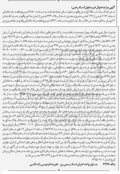 مزایده,مزایده ششدانگ اپارتمان ضلع شمالی طبقه همکف