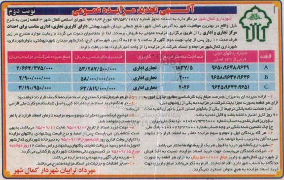 مزایده,مزایده فروش سه قطعه زمین کاربری تجاری اداری نوبت دوم