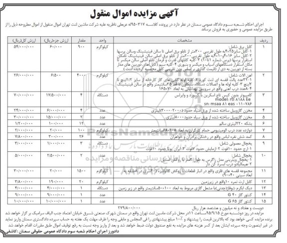 آگهی مزایده اموال منقول , مزایده فروش کابل برق ، آهن آلات ، کامپیوتر بدون کیس تاچ اسکرین با کیبورد و وایرلس...