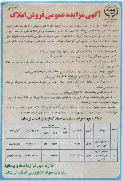 مزایده,مزایده فروش املاک به تعداد دو قطعه کاربری اداری
