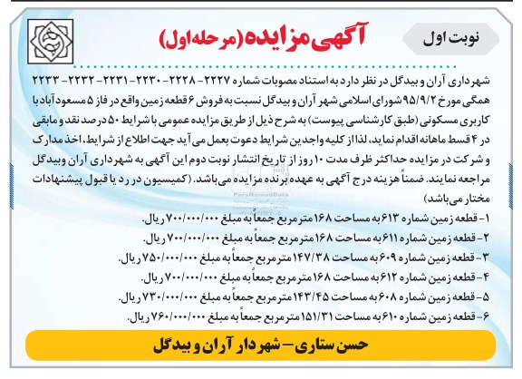 مزایده,مزایده فروش 6 قطعه زمین کاربری مسکونی