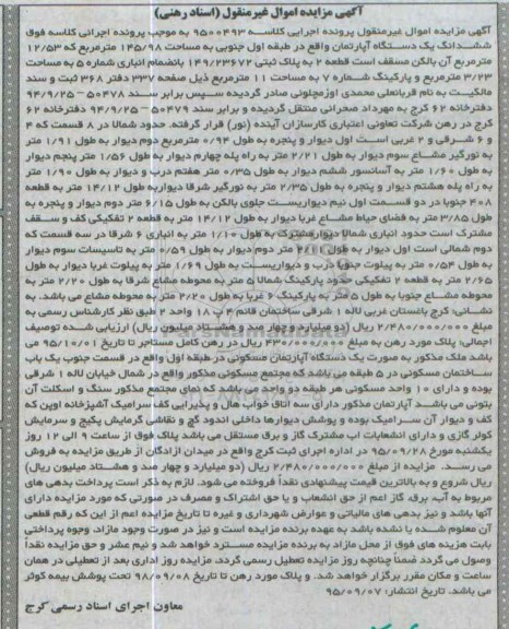 مزایده,مزایده ششدانگ اپارتمان طبقه اول جنوبی 145.98متر