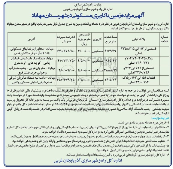 مزایده,مزایده تعدادی قطعه زمین در شهرستان مهاباد کاربری مسکونی