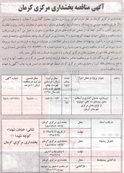 آگهی مناقصه, مناقصه اجرای پروژه زیرسازی، جدول گذاری و آسفالت