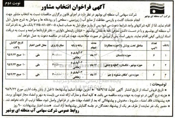 آگهی فراخوان , فراخوان خدمات گشت و بازرسی حفاظت از منابع آب نوبت دوم 