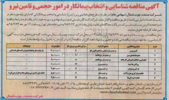 آگهی شناسایی و انتخاب پیمانکار در امور حجمی و تامین نیرو