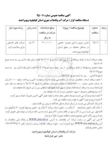 آگهی مناقصه عمومی , مناقصه تامین نیروی انسانی بصورت حجمی در مشاغل مختلف ...