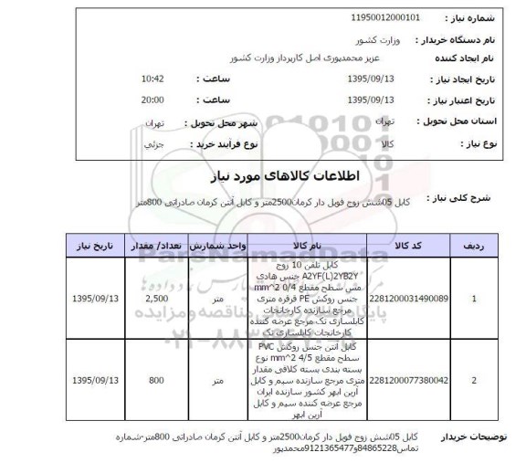 استعلام , استعلام کابل 05 شش زوج فویل دار کرمان 2500 متر و 