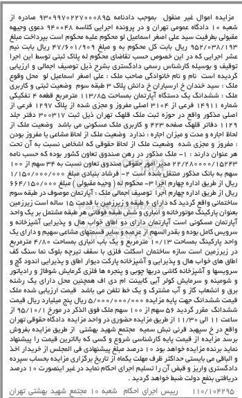 مزایده,مزایده آپارتمان مسکونی کلاسه 940048