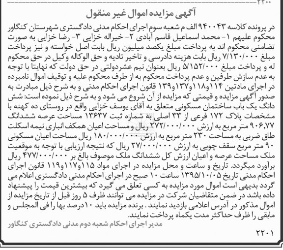مزایده,مزایده ششدانگ ساختمان مسکونی عرصه 906.77متر 