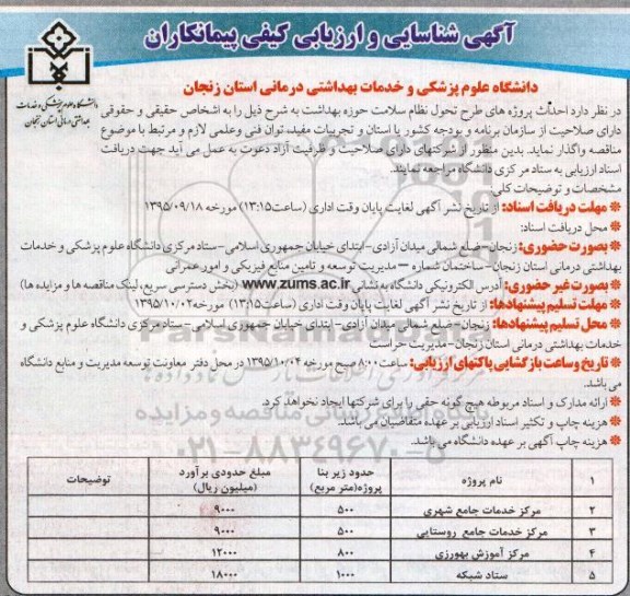 آگهی شناسایی و ارزیابی کیفی پیمانکاران, مناقصه واگذاری احداث پروژه های طرح تحویل نظام سلامت حوزه بهداشت 