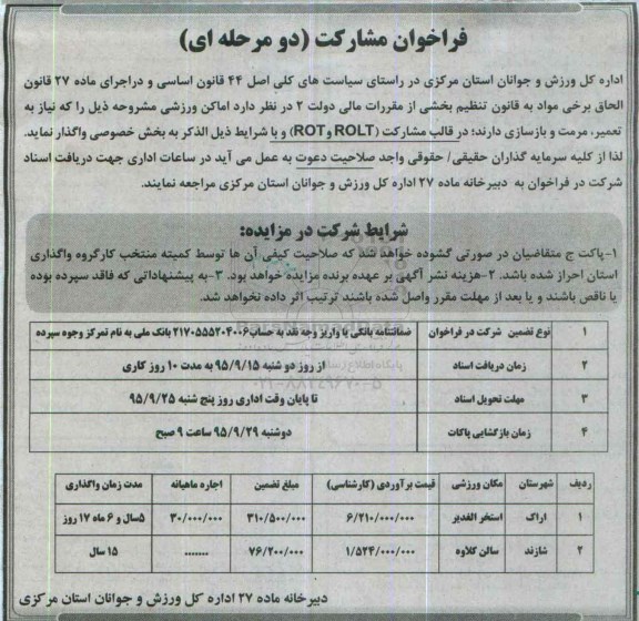 فراخوان مشارکت, فراخوان مشارکت در تعمیر، مرمت و بازسازی اماکن ورزشی 