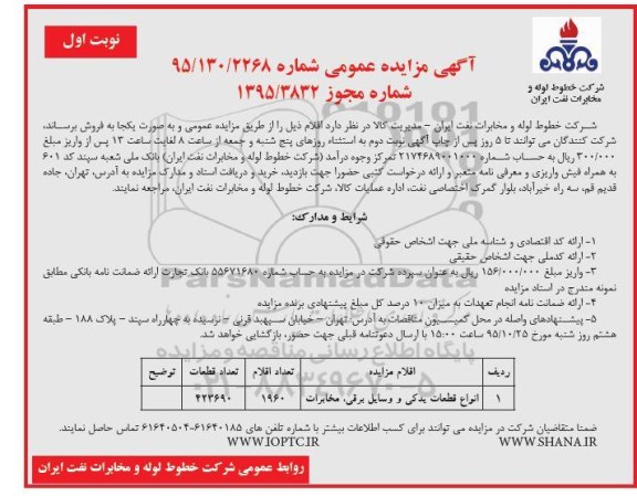 آگهی مزایده عمومی, مزایده فروش انواع قطعات یدکی و وسایل برقی، مخابرات