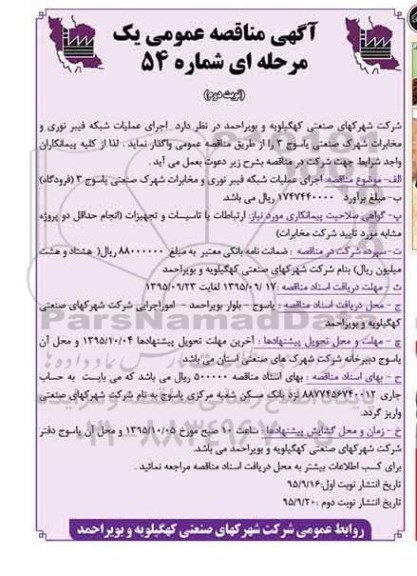 مناقصه عمومی , مناقصه عمومی اجرای عملیات شبکه فیبر نوری و مخابرات شهرک صنعتی 