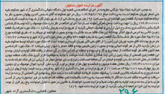 مزایده,مزایده یک قطعه زمین خالی مساحت 196.67متر