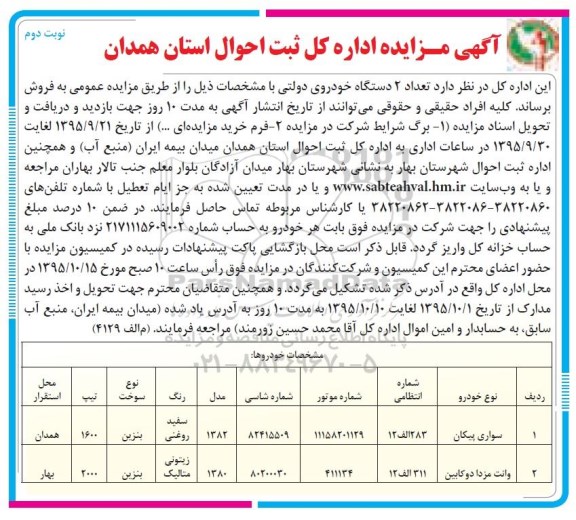 مزایده ، مزایده تعداد 2 دستگاه خودروی دولتی