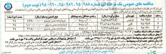 مناقصه های عمومی یک مرحله ای,مناقصه اصلاح، بازسازی، تعمیرات، حفاظت، بهره برداری و نگهداری تاسیسات نوبت دوم 