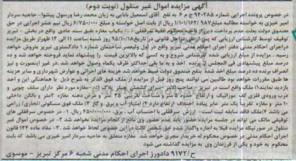 مزایده,مزایده ملک مغازه به مساحت 25متر نوبت دوم