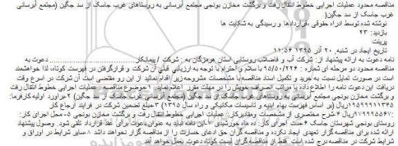 مناقصه محدود عملیات اجرایی خطوط انتقال رفت و برگشت مخازن بونجی 