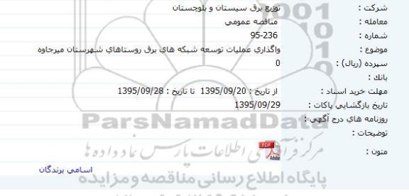 مناقصه  واگذاری عملیات توسعه شبکه های برق روستاهای شهرستان میرجاوه