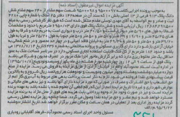 مزایده,مزایده 60 سهم مشاع از 240 سهم مشاع ششدانگ پلاک 913 فرعی