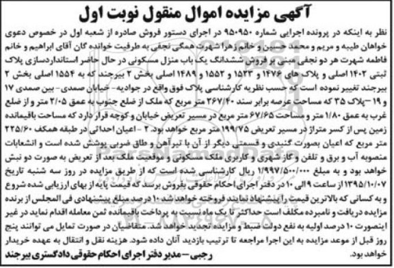 مزایده, مزایده ششدانگ یکباب منزل مسکونی بخش دو بیرجند نوبت اول 
