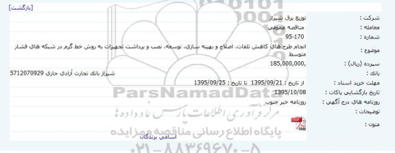 مناقصه, مناقصه انجام طرح های کاهش تلفات ،اصلاح و بهینه سازی، توسعه و ...