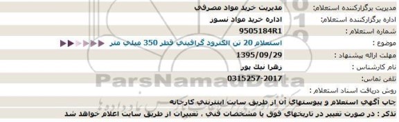 استعلام, استعلام 20 تن الکترود گرافیتی قطر 350 میلی متر 