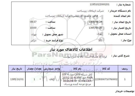 استعلام , استعلام کابل شبکه CAT6 