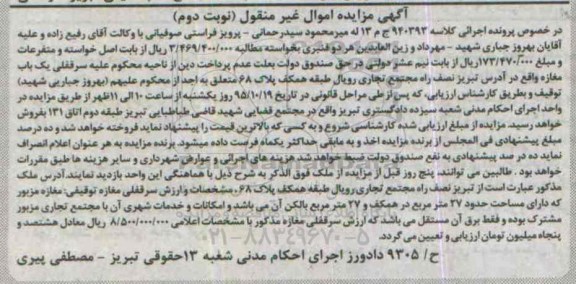 مزایده,مزایده یکباب مغازه به مساحت بیست و هفت متر نوبت دوم