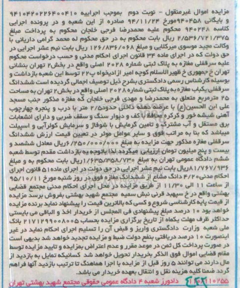 مزایده,مزایده سرقفلی مغازه مساحت 25 متر نوبت دوم