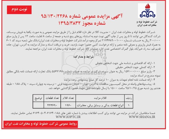 آگهی مزایده عمومی, مزایده فروش انواع قطعات یدکی و وسایل برقی، مخابرات نوبت دوم 