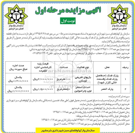 آگهی مزایده , مزایده اجاره قطعه زمین واقع در پارک فدک ....