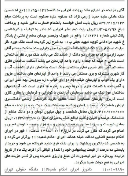 مزایده,مزایده ششدانگ ملک کلاسه 112.950132 ج