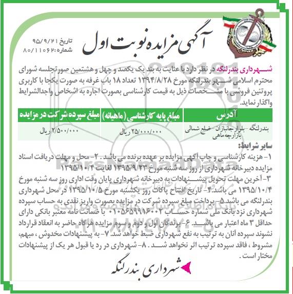 آگهی مزایده,مزایده اجاره تعداد 18 باب غرفه