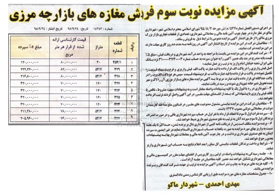 مزایده,مزایده فروش تعدادی از قطعات تجاری بازار بزرگ مرزی نوبت سوم 