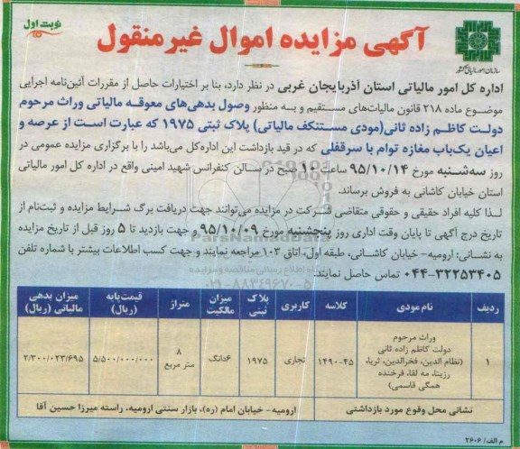 مزایده,مزایده پلاک ثبتی 1975 عرصه و اعیان یکباب مغازه با سرقفلی